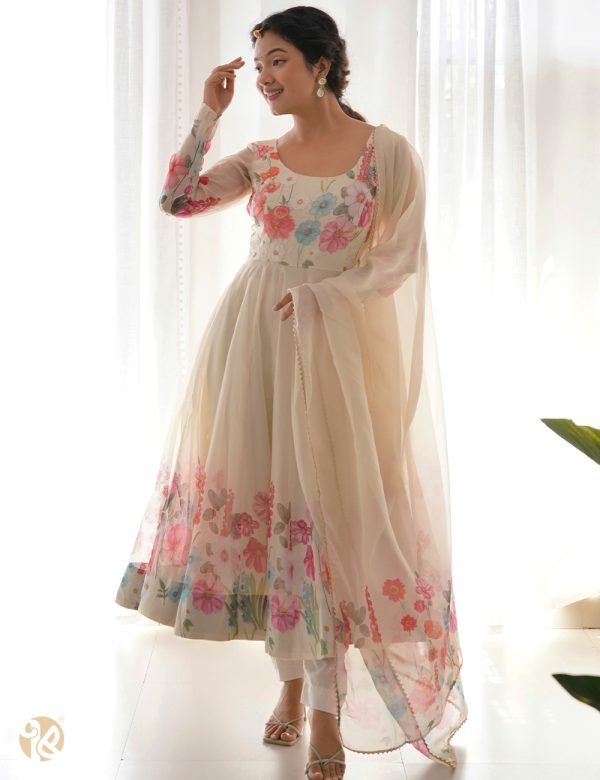 Floral Printed Silk Anarkali Kurta