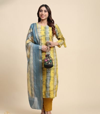 Yellow Embroidered Kurta Pant Set With Dupatta