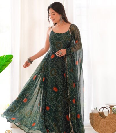 Bandhej Printed Strapped Soft Chiffon Forest Green Anarkali Gown