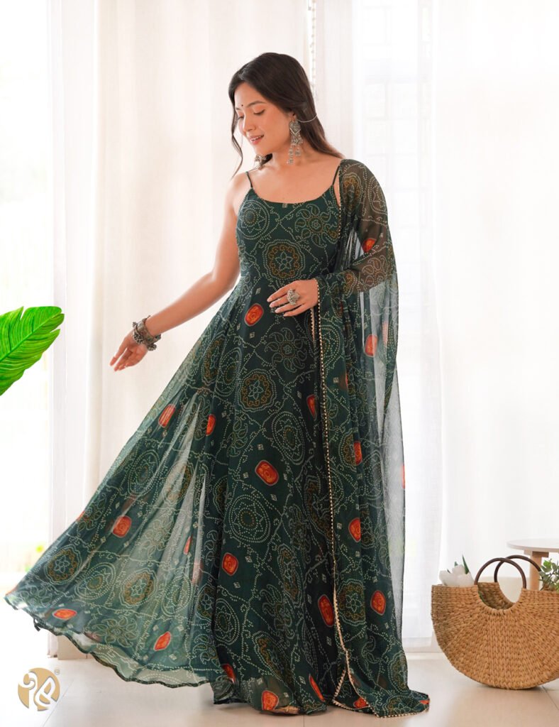 Bandhej Printed Strapped Soft Chiffon Forest Green Anarkali Gown