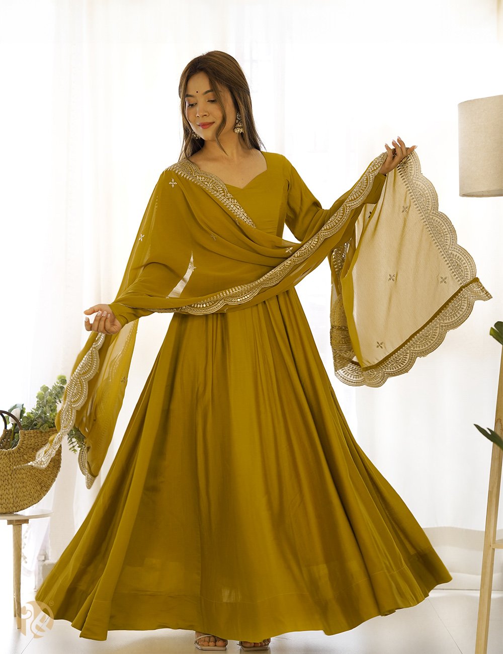 Mustard Silk Readymade Long Anarkali Suit