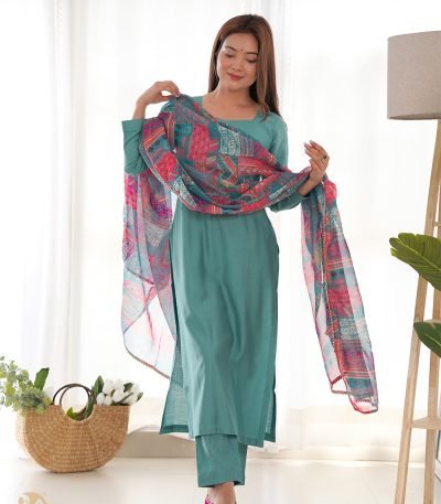 Viscose Straight Fit Kurta With Dupatta Set, Pant