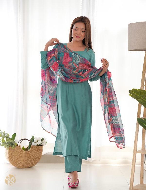 Viscose Straight Fit Kurta With Dupatta Set, Pant