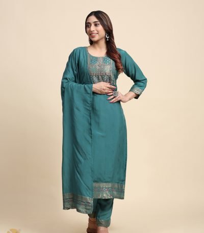 Teal Blue & Gold Ethnic Motifs Zari Straight Kurta