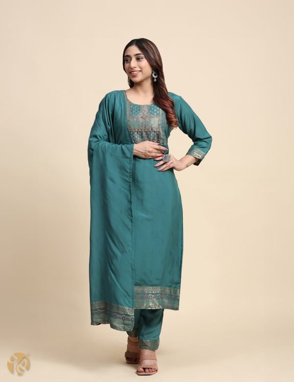 Teal Blue & Gold Ethnic Motifs Zari Straight Kurta