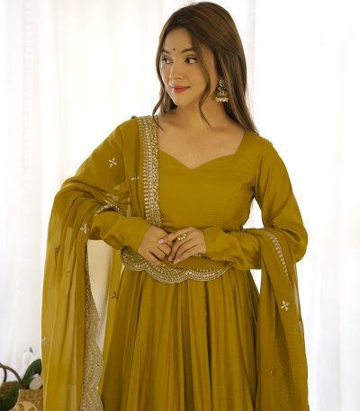 Mustard Silk Chanderi Gown with Embroidered Dupatta