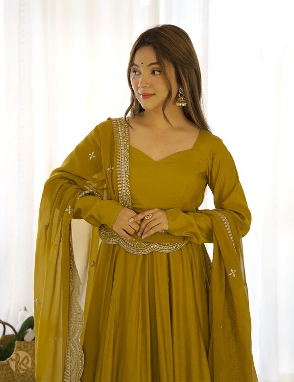 Mustard Silk Chanderi Gown with Embroidered Dupatta