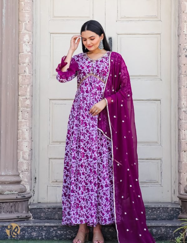 purple and white floral dress