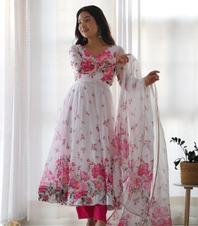 pink flower organza printed anarkali kurti