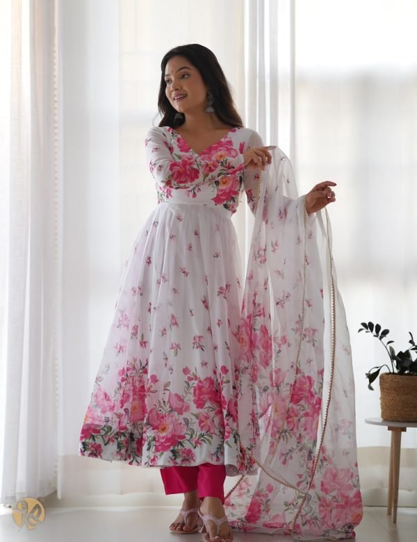 pink flower organza printed anarkali kurti