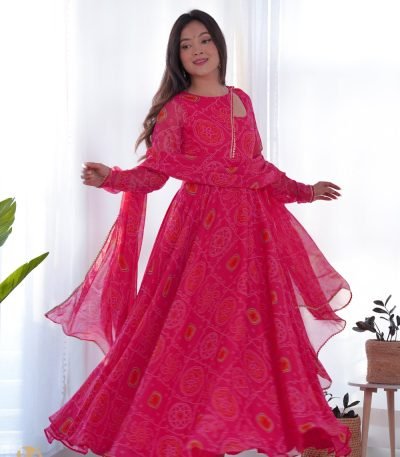 bandhej pink chiffon anarkali suit