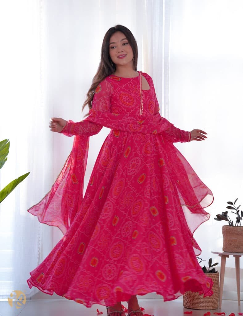 bandhej pink chiffon anarkali suit