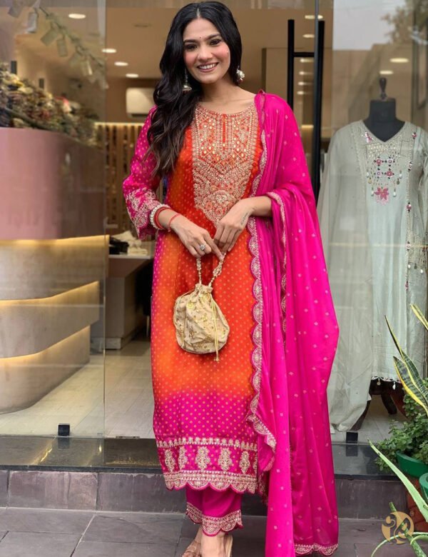 Orange-Pink Silk Embroidered Ceremonial Salwar Suit