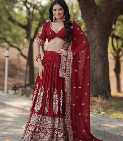 Maroon Sequin Embroidered Faux Blooming Georgette Lehenga Set