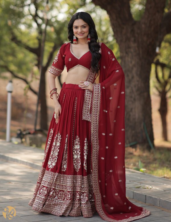 Maroon Sequin Embroidered Faux Blooming Georgette Lehenga Set