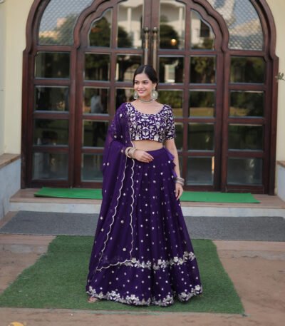 Purple Sequin Embroidered Faux Blooming Georgette Lehenga Set