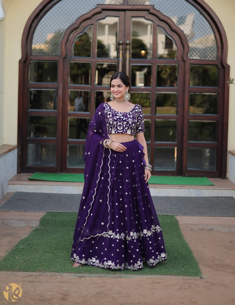 Purple Sequin Embroidered Faux Blooming Georgette Lehenga Set